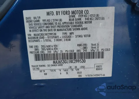 2019 Ford Ecosport Se из США, поврежденный, VIN MAJ6S3GL1KC299530